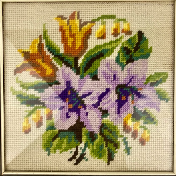 Vintage Framed Square Floral Needlepoint 9x9 inch Pastel Stitched Wall Art - Picture 2 of 7